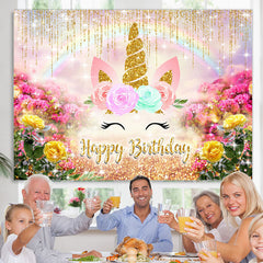 Lofaris Gold Glitter And Floral Unicorn Happy Birthday Backdrop