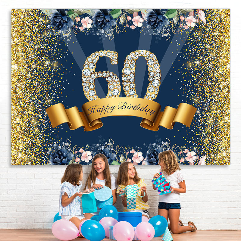 Lofaris Gold Glitter And Flowers Happy 60th Birthday Backdrop