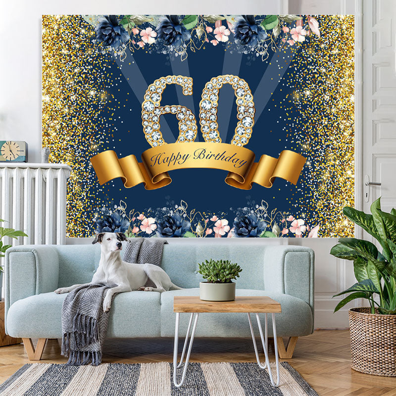 Lofaris Gold Glitter And Flowers Happy 60th Birthday Backdrop