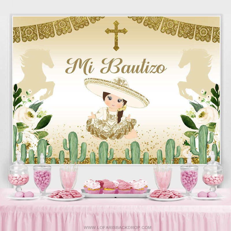 Lofaris Gold Glitter And Green Cactus Mi Bautizo Girls Backdrop