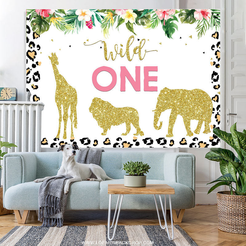 Lofaris Gold Glitter Animals Wild 1st Happy Birthday Backdrop