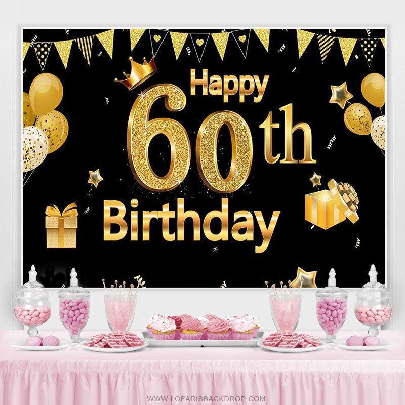 Lofaris Gold Glitter Ballons Black Happy 60th Birthday Backdrop