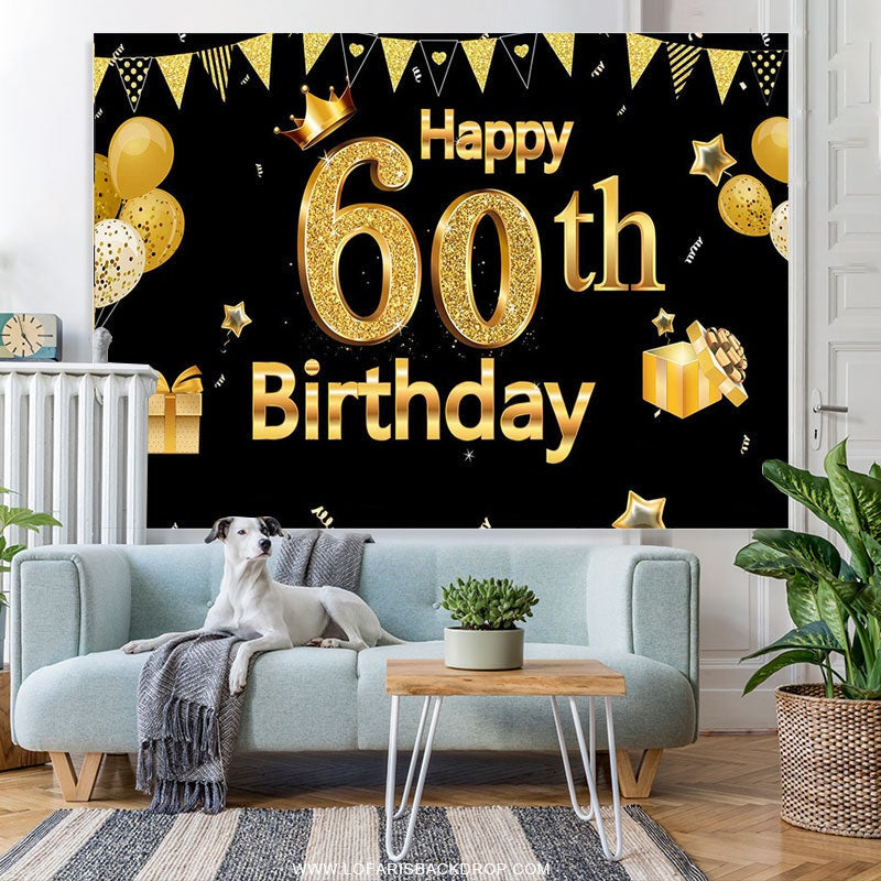 Lofaris Gold Glitter Ballons Black Happy 60th Birthday Backdrop