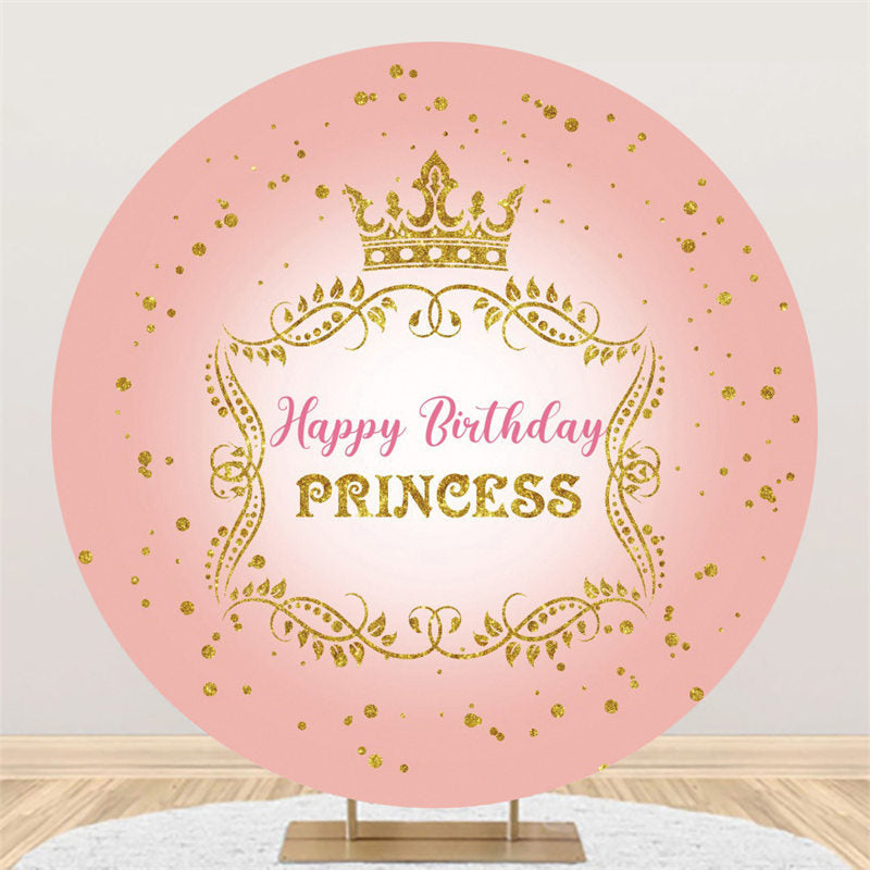 Lofaris Gold Glitter Crown Round Pink Happy Birthday Backdrop