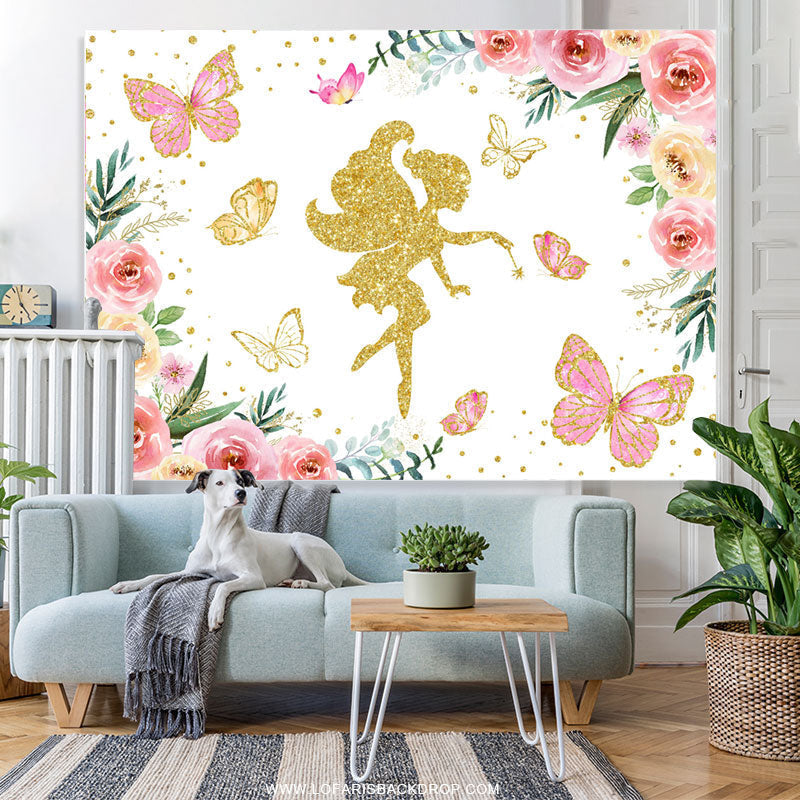 Lofaris Gold Glitter Fairy Pink Floral Birthday Party Backdrop