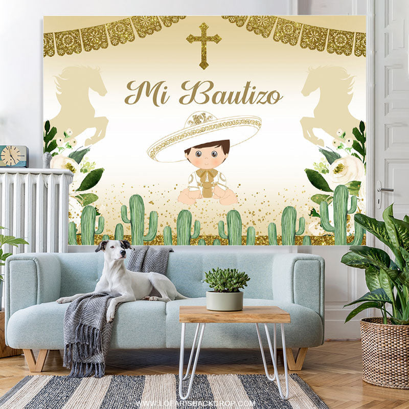 Lofaris Gold Glitter Flags Mi Bautizo Baby Shower Backdrop