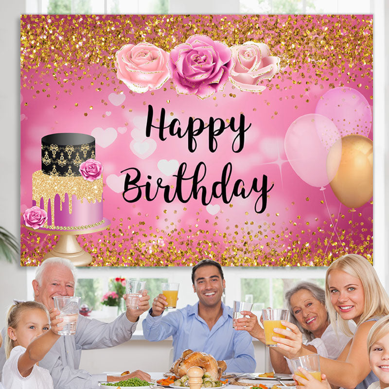 Lofaris Gold Glitter Floral Balloons Happy Birthday Backdrop