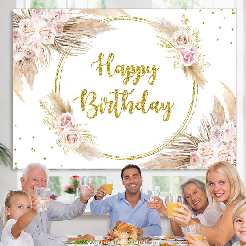Lofaris Gold Glitter Floral Feather Happy Birthday Backdrop