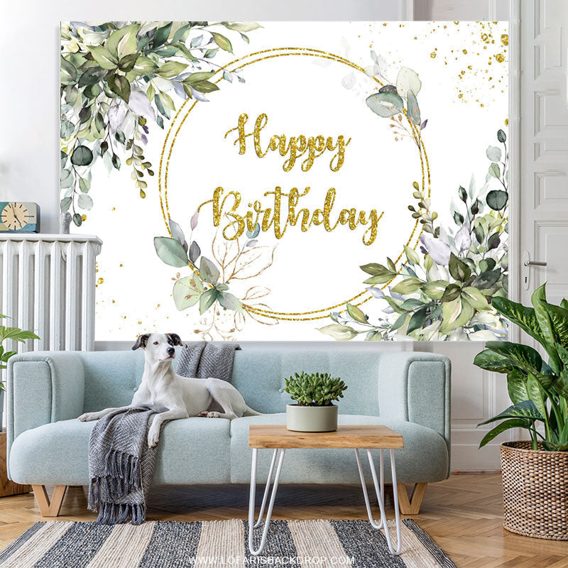 Lofaris Gold Glitter Green Leaves Happy Birthday Backdrop Banner