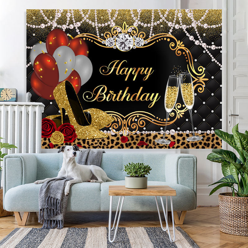 Lofaris Gold Glitter High Heels And Balloons Birthday Backdrop