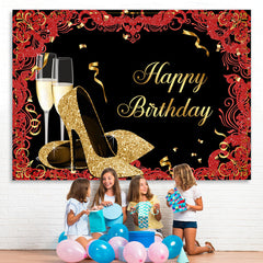Lofaris Gold Glitter High Heels Black Happy Birthday Backdrop