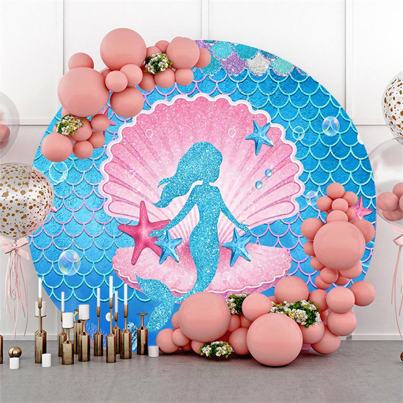 Lofaris Gold Glitter Mermaid Pink Shell Round Birthday Backdrop