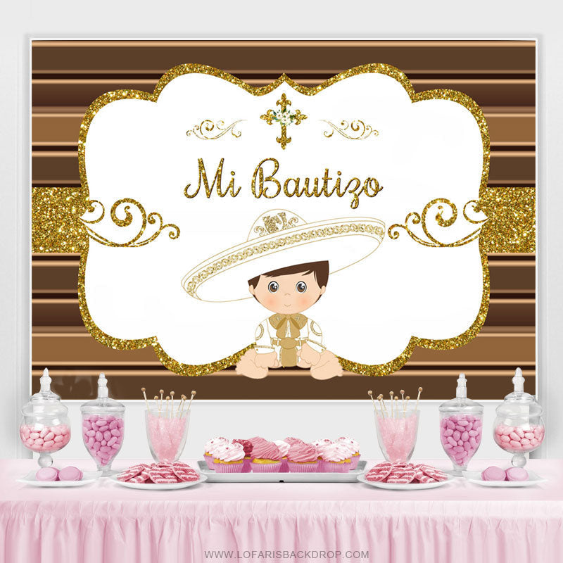 Lofaris Gold Glitter Mi Bautizo White Baby Shower Backdrop