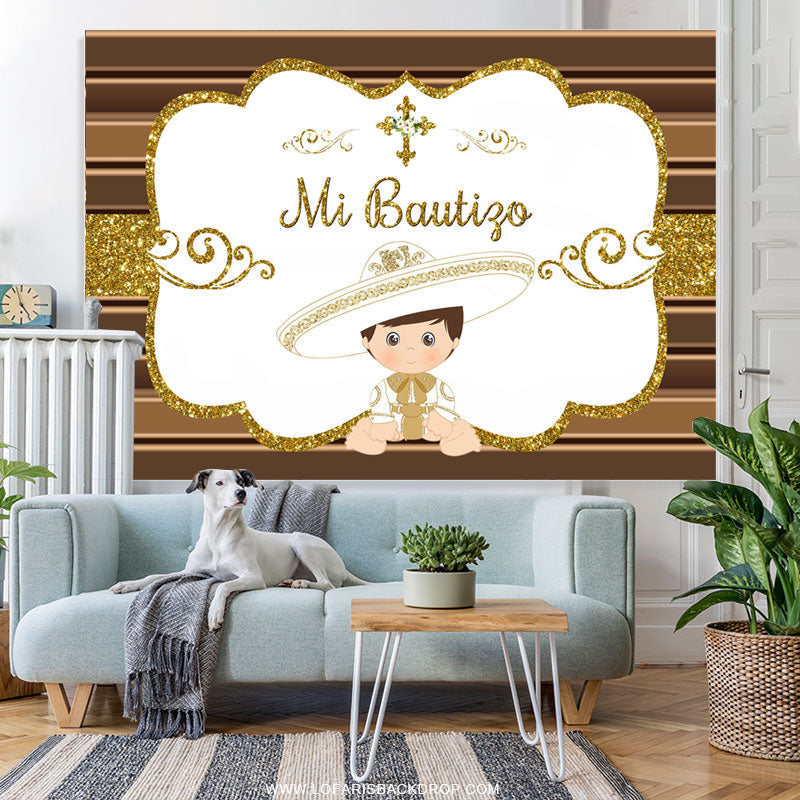 Lofaris Gold Glitter Mi Bautizo White Baby Shower Backdrop