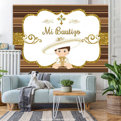 Lofaris Gold Glitter Mi Bautizo White Baby Shower Backdrop