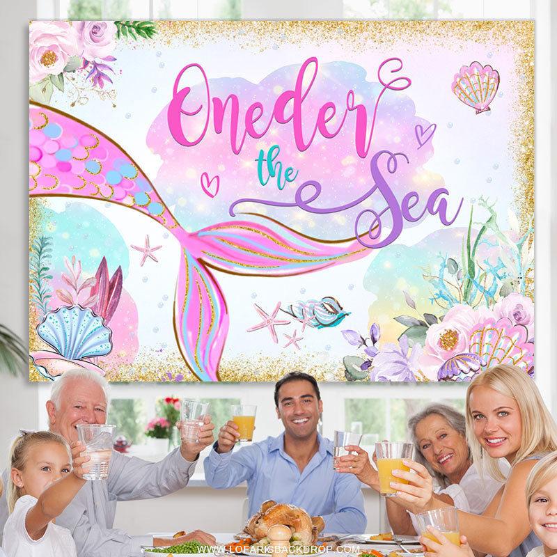 Lofaris Gold Glitter Oneder The Sae Mermaid Birthday Backdrop