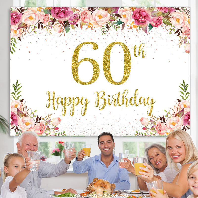 Lofaris Gold Glitter Pink Floral 60th Birthday Backdrop
