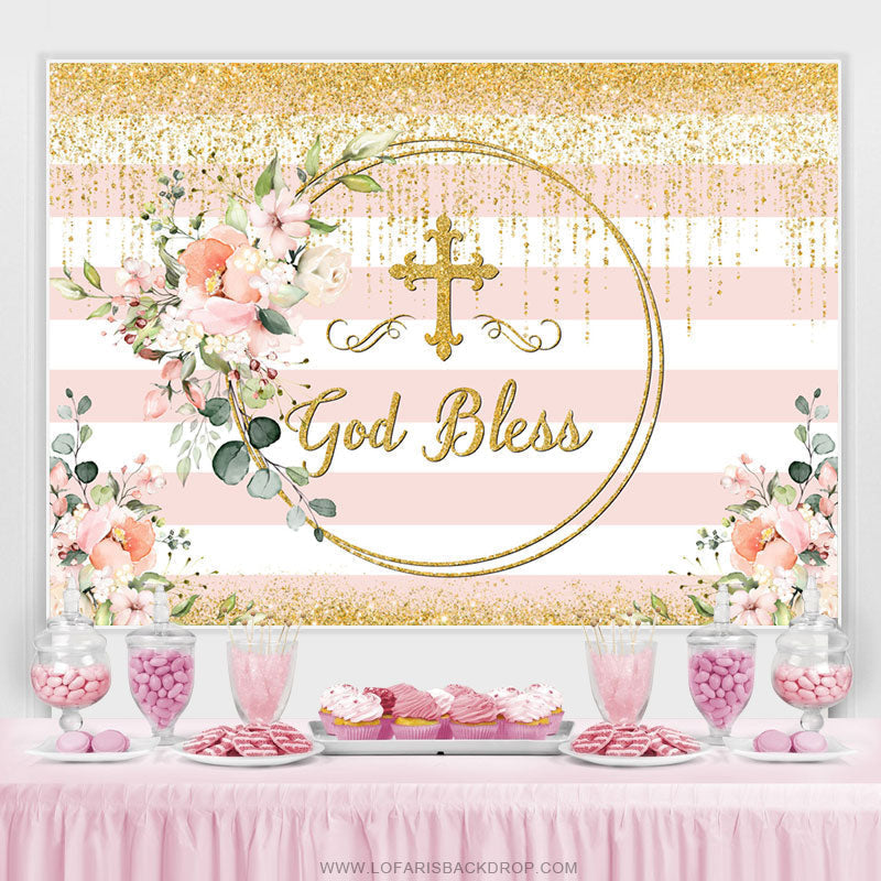 Lofaris Gold Glitter Pink Floral God Bless Baby Shower Backdrop