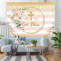 Lofaris Gold Glitter Pink Floral God Bless Baby Shower Backdrop