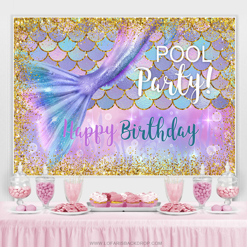 Lofaris Gold Glitter Purple Mermaid Pool Birthday Party Backdrop