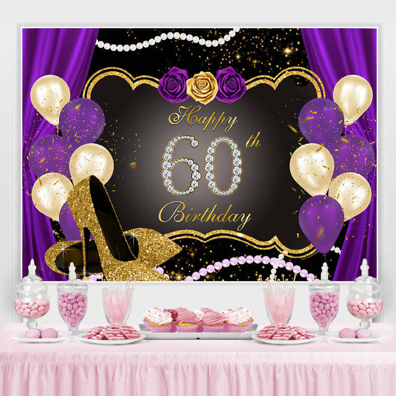 Lofaris Gold Glitter Purple Rose 60th Happy Birthday Backdrop