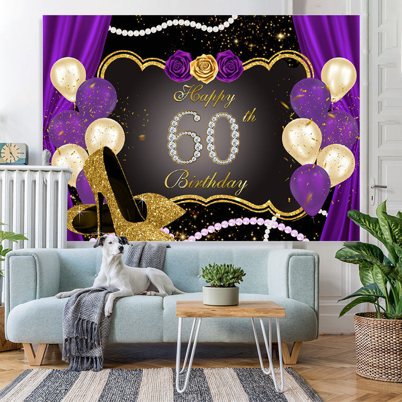 Lofaris Gold Glitter Purple Rose 60th Happy Birthday Backdrop