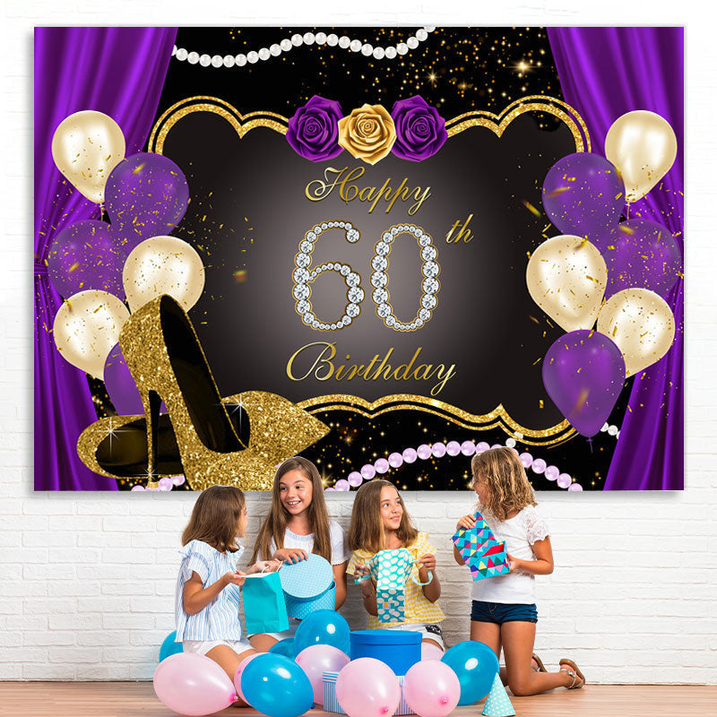 Lofaris Gold Glitter Purple Rose 60th Happy Birthday Backdrop