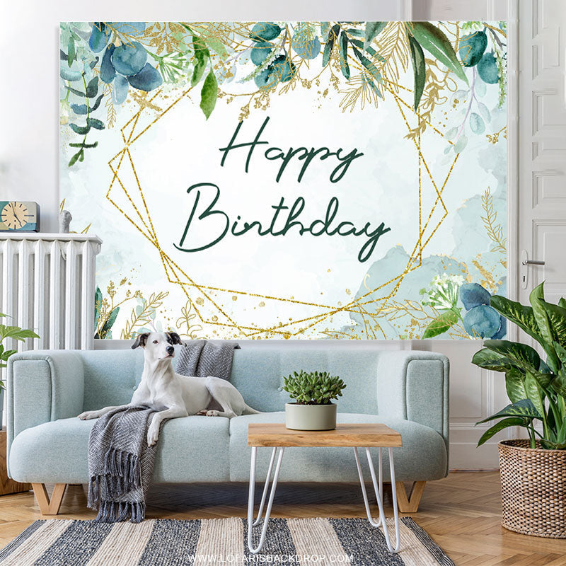 Lofaris Gold Glitter Square Green Leaf Birthday Party Backdrop