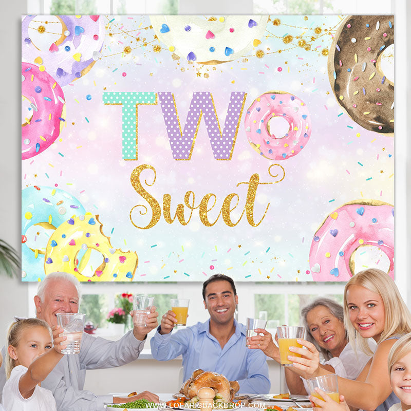 Lofaris Gold Glitter Sweet Donuts Happy 2nd Birthday Backdrop