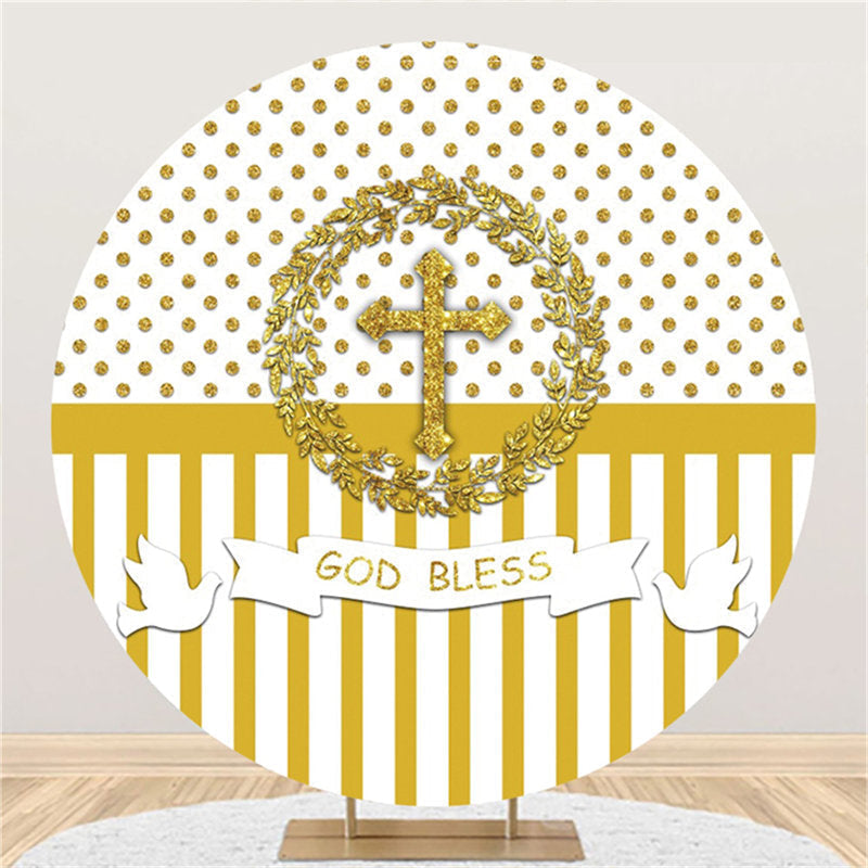 Lofaris Gold Glitter White God Bless Round Baby Shower Backdrop