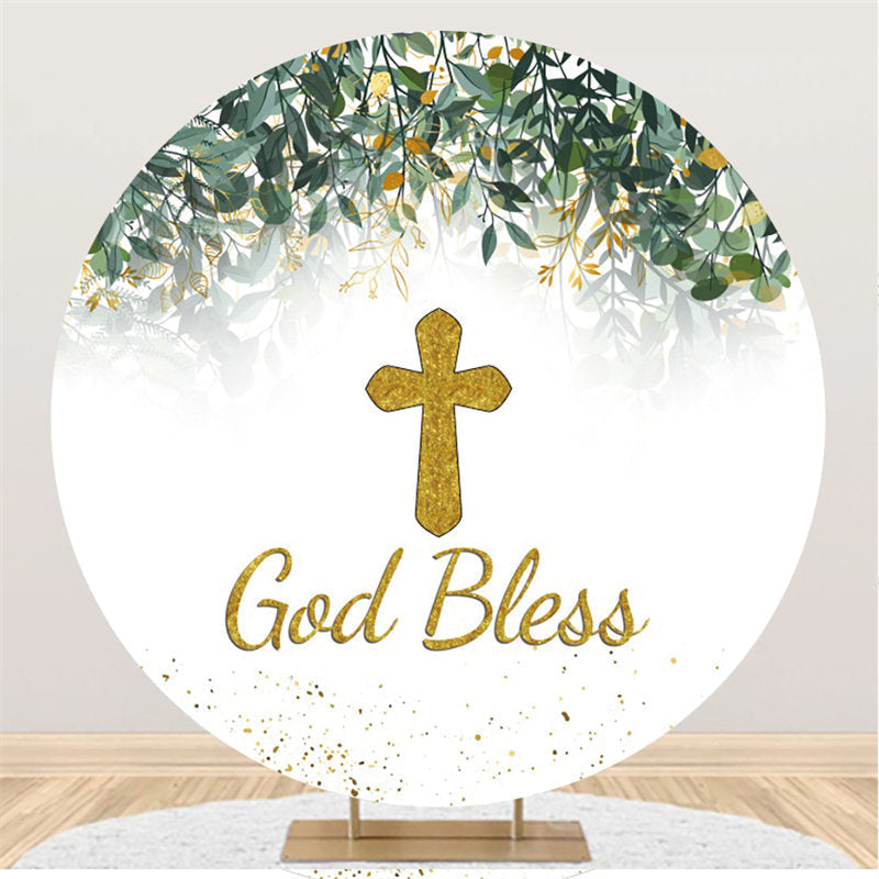 Lofaris Gold God Bless Leaves Happy Birthday Round Backdrop
