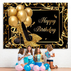 Lofaris Gold Heels and Balloons Black Happy Birthday Backdrop