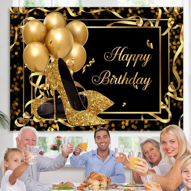 Lofaris Gold Heels and Balloons Black Happy Birthday Backdrop