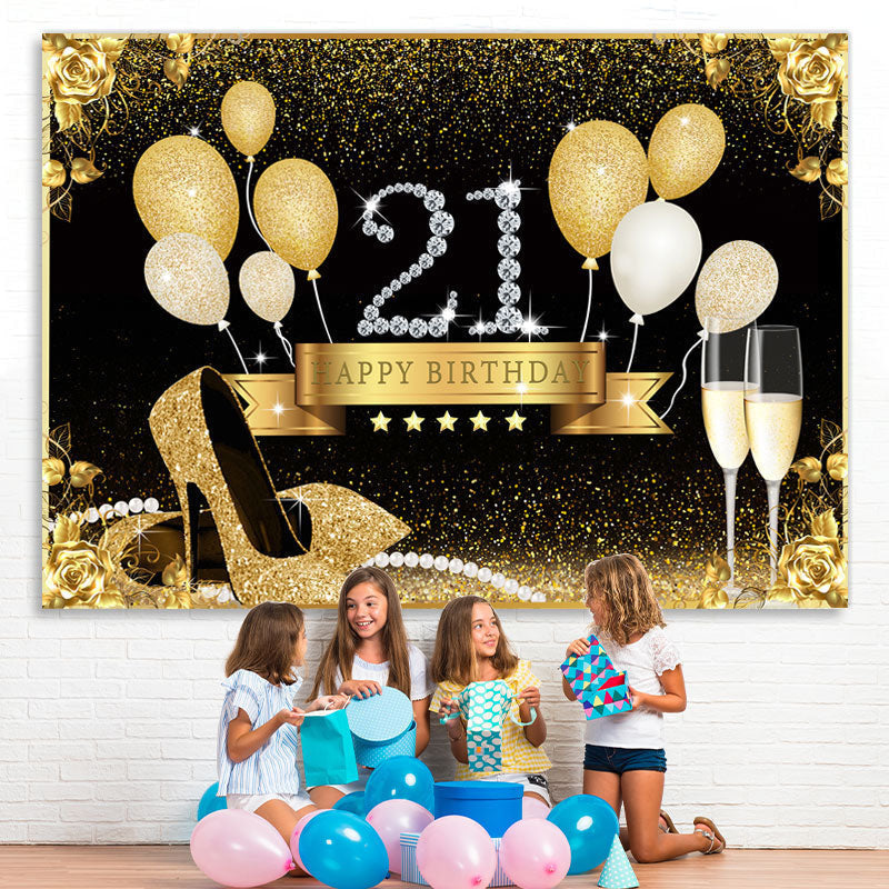 Lofaris Gold Heels And Balloons Glitter 21st Birthday Backdrop