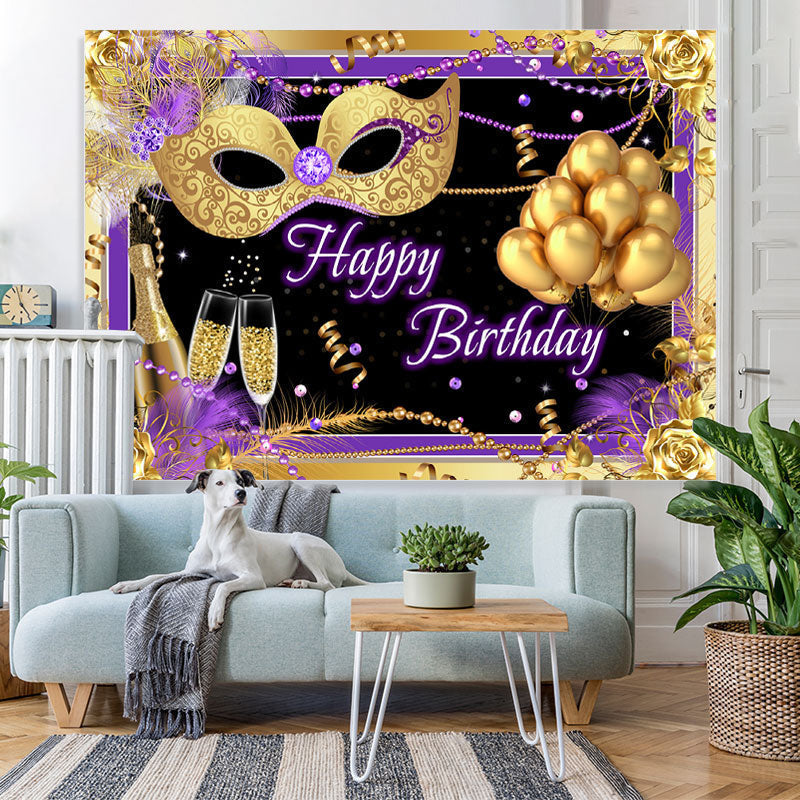 Lofaris Gold Mask And Ballon Purple Backdrop For Birthday Party