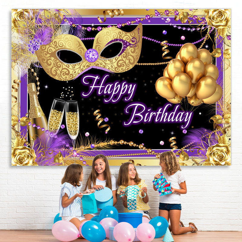 Lofaris Gold Mask And Ballon Purple Backdrop For Birthday Party