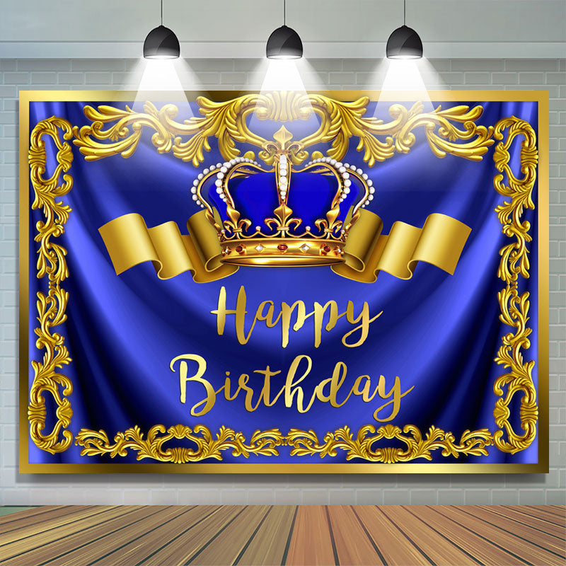 Lofaris Gold Royal Bule Happy Birthday Crown Backdrop for Men