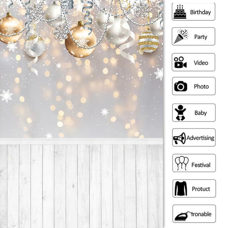 Lofaris Gold Silver Ball Glitter Snowflake Wood Floor Christmas Backdrop