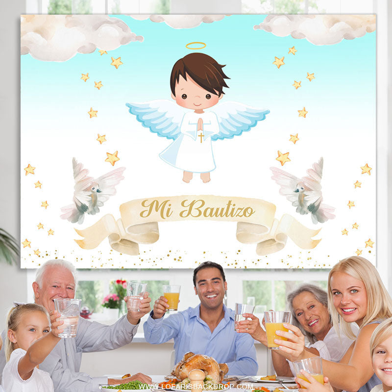 Lofaris Gold Star Blue Sky Mi Bautizo Baby Shower Backdrop