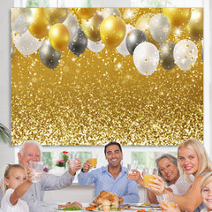 Lofaris Golde And White Balloons Glitter Birthday Backdrop