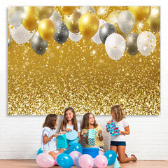 Lofaris Golde And White Balloons Glitter Birthday Backdrop