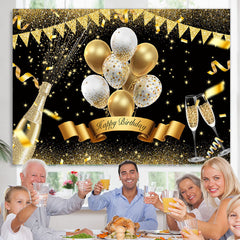 Lofaris Golden Glitter And White Balloon Happy Birthday Backdrop