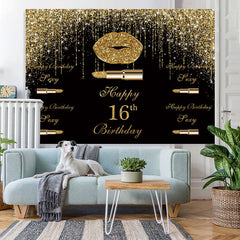 Lofaris Golden Glitter Bokeh and Black Happy 16Th Backdrop