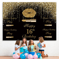 Lofaris Golden Glitter Bokeh and Black Happy 16Th Backdrop