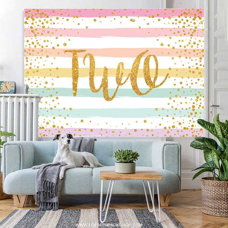Lofaris Golden Glitter Colorful Stripes 2nd Happy Borthday Backdrop