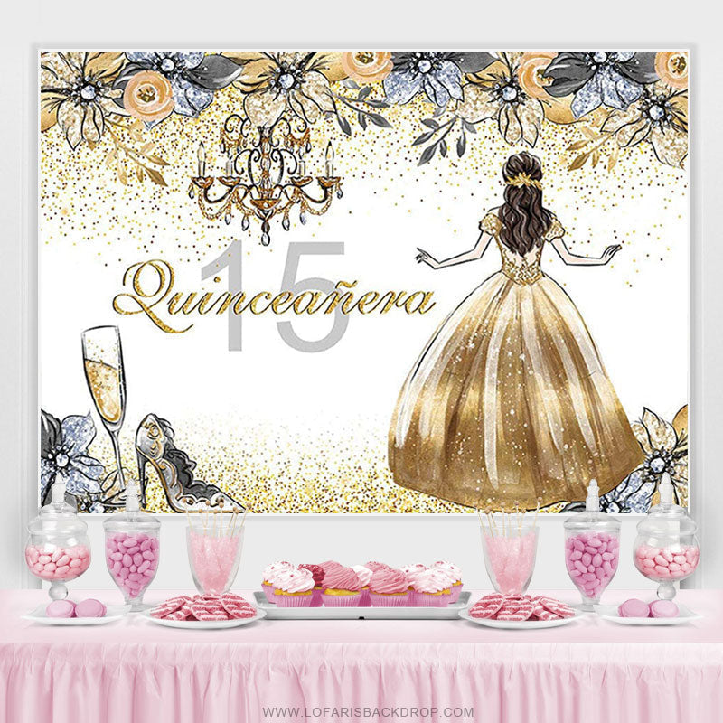 Lofaris Quinceanera Golden Glitter Floral Princess 15th Birthday Backdrop