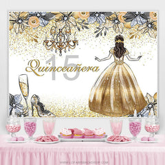 Lofaris Quinceanera Golden Glitter Floral Princess 15th Birthday Backdrop