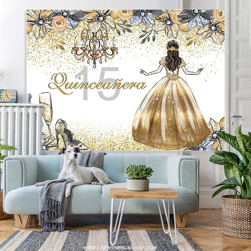 Lofaris Quinceanera Golden Glitter Floral Princess 15th Birthday Backdrop