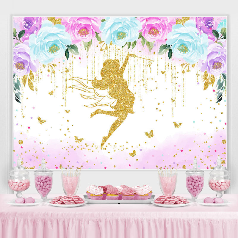 Lofaris Golden Glitter Floral Fairy Happy Birthday Backdrop