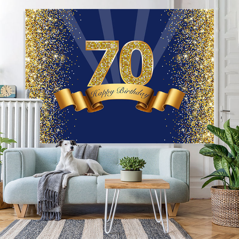 Lofaris Golden Glitter Navy Blue Happy 70Th Birthday Backdrop